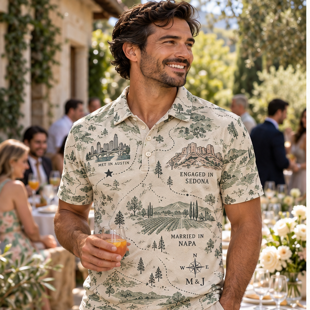 Our Story Map Polo Shirt; lifestyle context. One Day for Lifetime