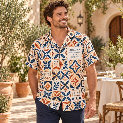 Wedding Party Name Mosaic Hawaiian Shirt; lifestyle. One Day for Lifetime