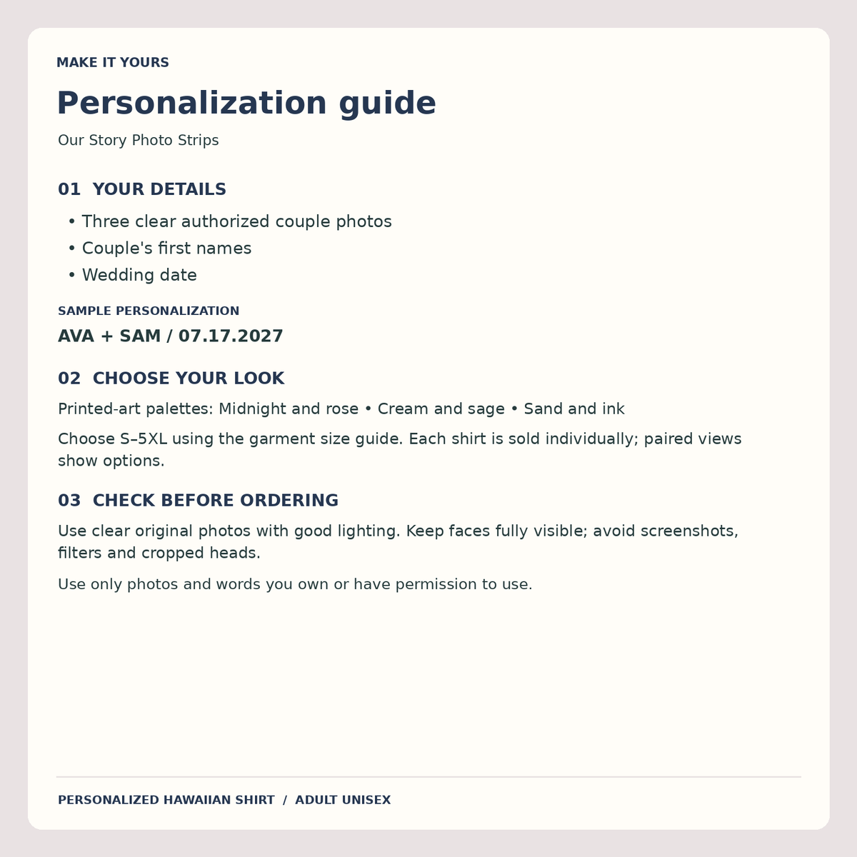 Our Story Photo Strips Hawaiian Shirt; personalization guide. One Day for Lifetime