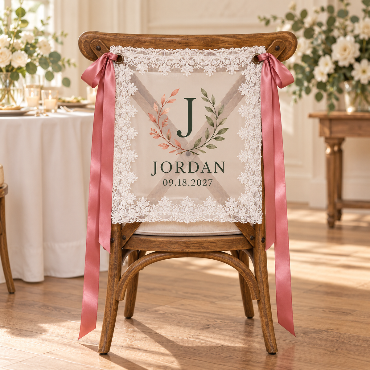 Family Keepsake Personalized Lace Chair Banner; hero. One Day for Lifetime