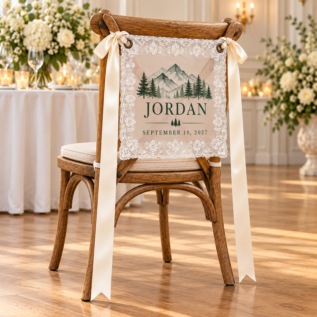 Mountain Promise Personalized Lace Chair Banner; left. One Day for Lifetime
