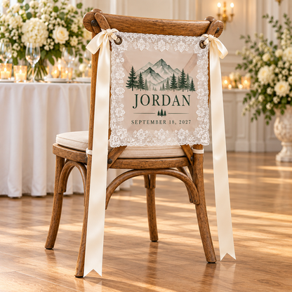Mountain Promise Personalized Lace Chair Banner; left. One Day for Lifetime