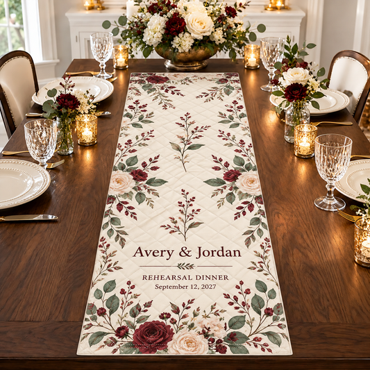 Rehearsal Dinner Quilt Table Runner; hero. One Day for Lifetime