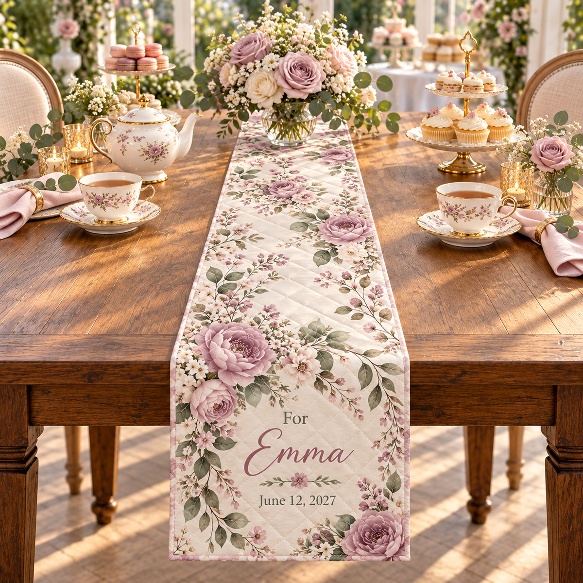 Bridal Shower Tea Quilt Table Runner; variant print. One Day for Lifetime