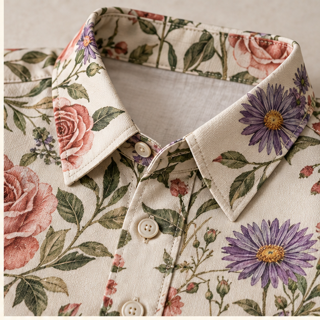 Birth Flower Garden Short Sleeve Button-Down Shirt; print material detail. One Day for Lifetime