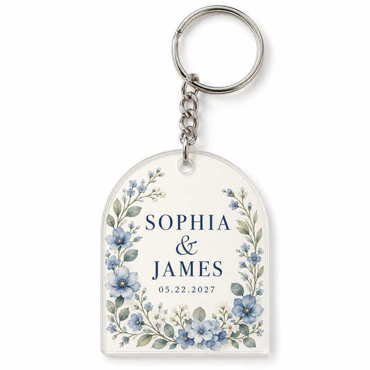Dusty Blue Arch personalized acrylic wedding keychain - hero