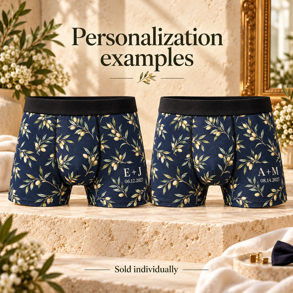 Heirloom Initials Personalized Boxer Briefs; personalization examples. One Day for Lifetime