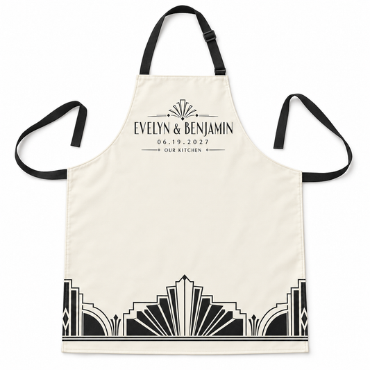 Ivory Black Art Deco personalized wedding apron - hero