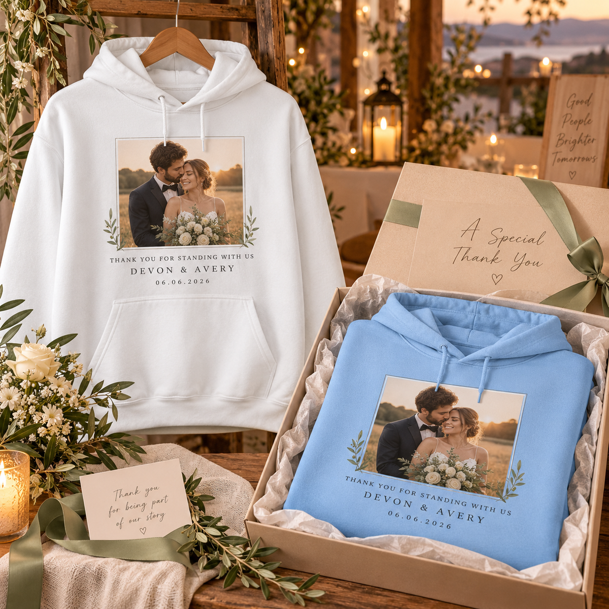 Newlywed Thank You Hoodie; multi product view. One Day for Lifetime