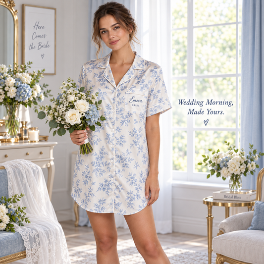 Something Blue Toile | Personalized Satin Pajama Shirt Dress - front