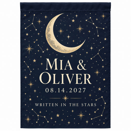Navy Starry Moon personalized wedding garden flag - hero