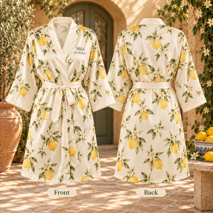 Citrus Brunch Personalized Satin Robe; front back. One Day for Lifetime
