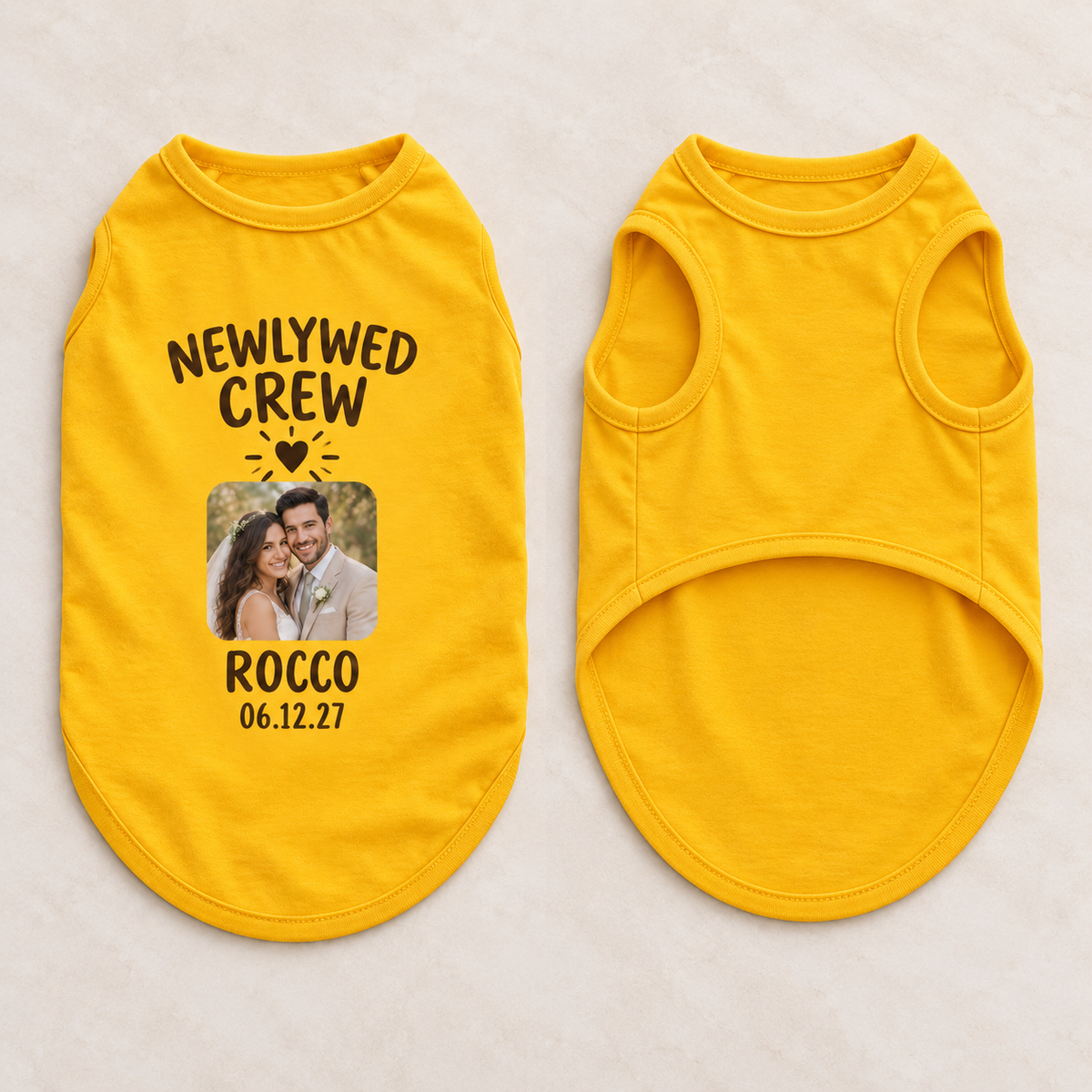 Newlywed Photo Crew Pet Tank Top; front back overview. One Day for Lifetime