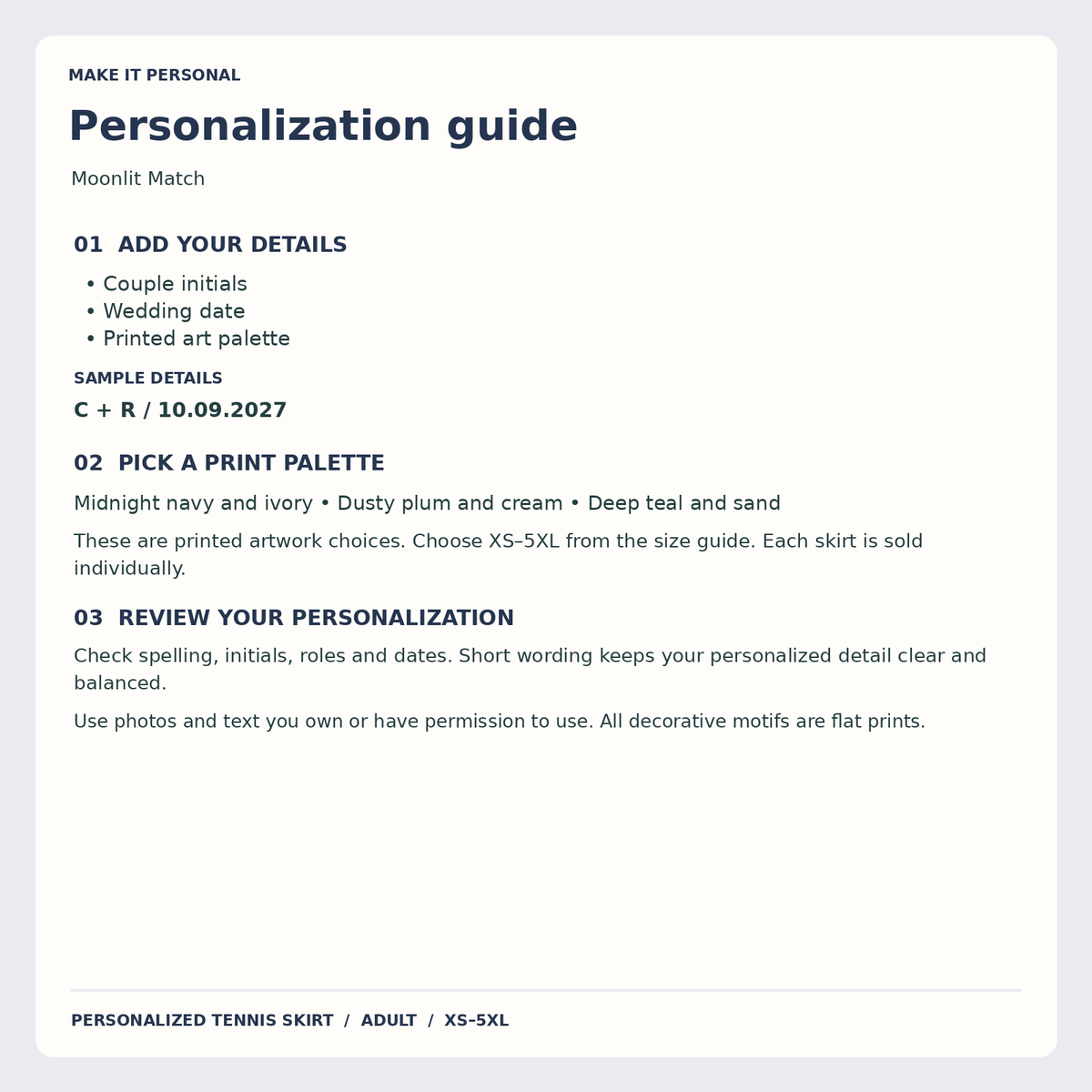 Moonlit Match Tennis Skirt; personalization guide. One Day for Lifetime