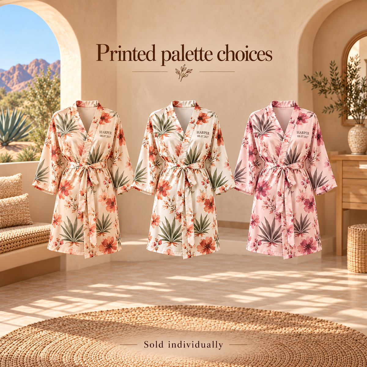 Desert Bloom Personalized Satin Robe; artwork palettes. One Day for Lifetime