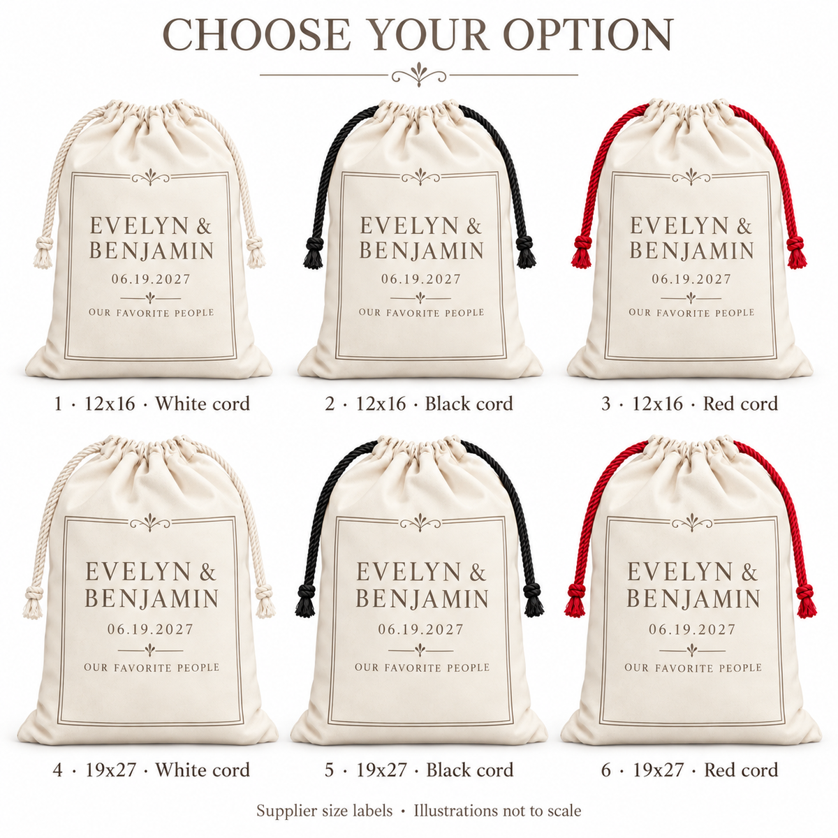 Minimalist Ivory personalized drawstring gift bag - options