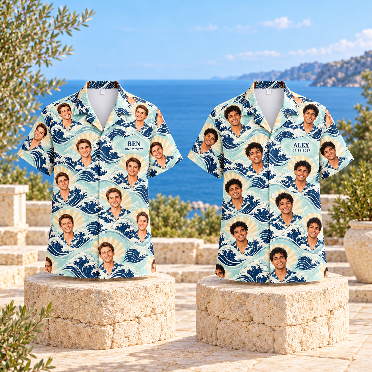 Groom Portrait Getaway Hawaiian Shirt; personalization examples. One Day for Lifetime