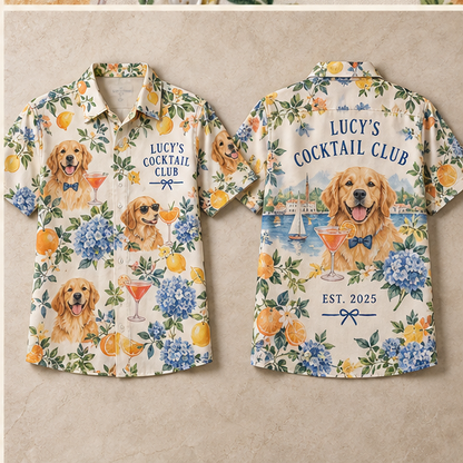 Pet Cocktail Hour Short Sleeve Button-Down Shirt; alternate personalization. One Day for Lifetime