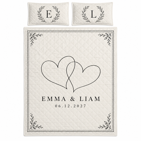 Ivory Linked Hearts personalized quilt bedding set - hero