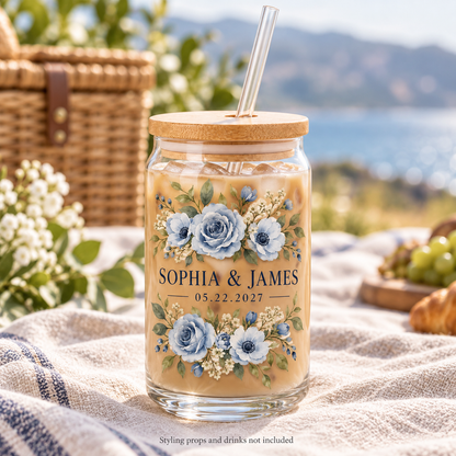Dusty Blue Flowers personalized sipper glass - honeymoon picnic