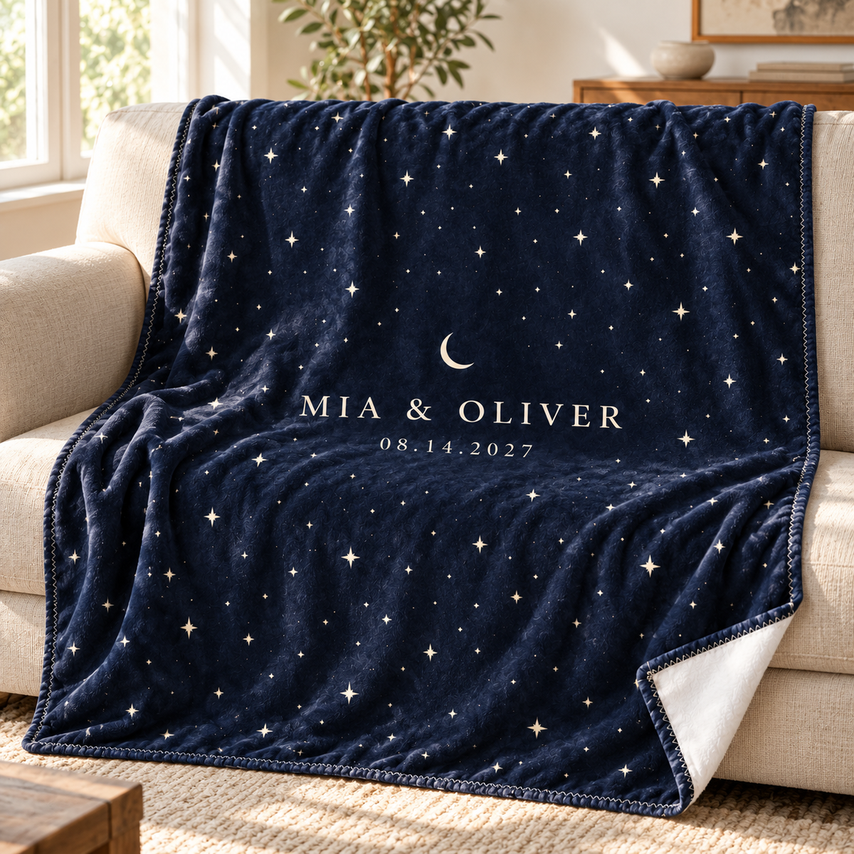 Navy Starry Field personalized fleece blanket - couch