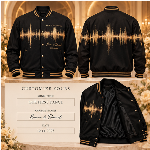 First Dance Soundwave Varsity Jacket; alternate personalization. One Day for Lifetime