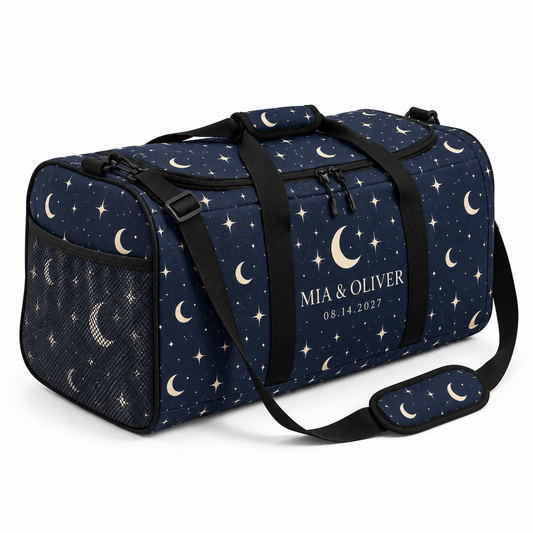 Navy Moon Stars personalized travel duffel bag - hero