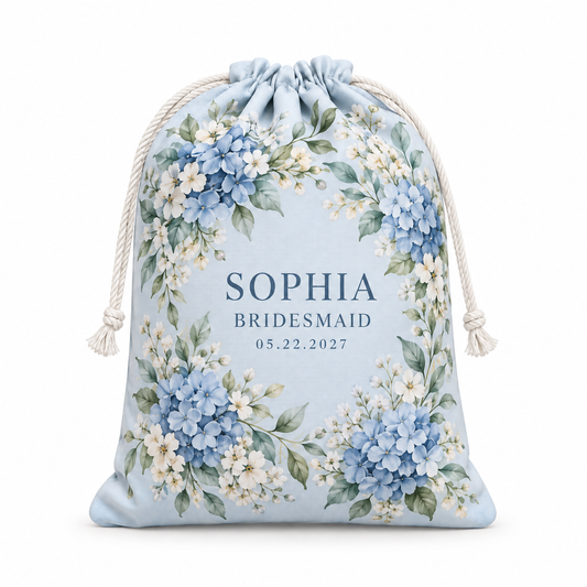 Dusty Blue Floral personalized drawstring gift bag - hero