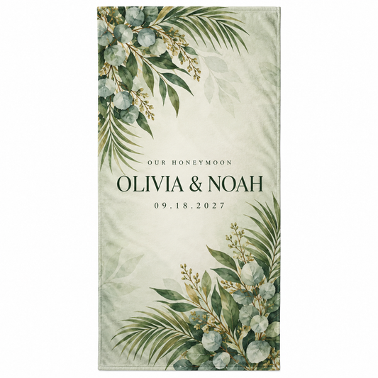 Sage Eucalyptus personalized wedding beach towel - hero