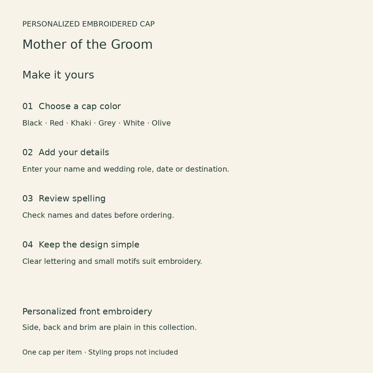 Mother of the Groom Embroidered Cap; personalization guide. One Day for Lifetime