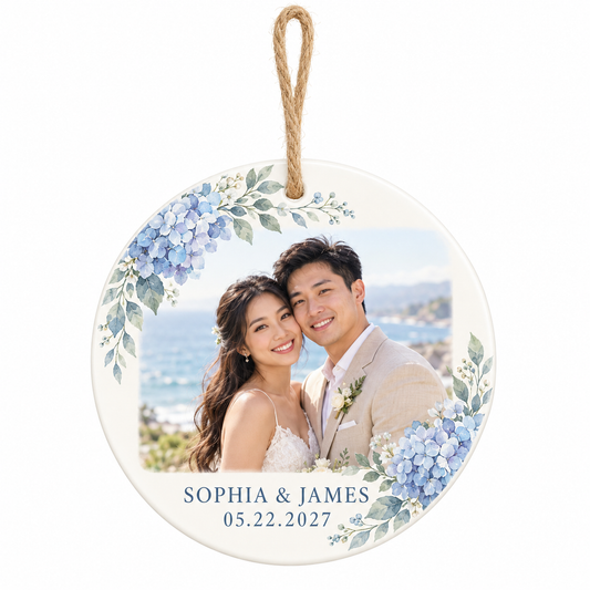 Dusty Blue Coast personalized ceramic photo ornament - hero