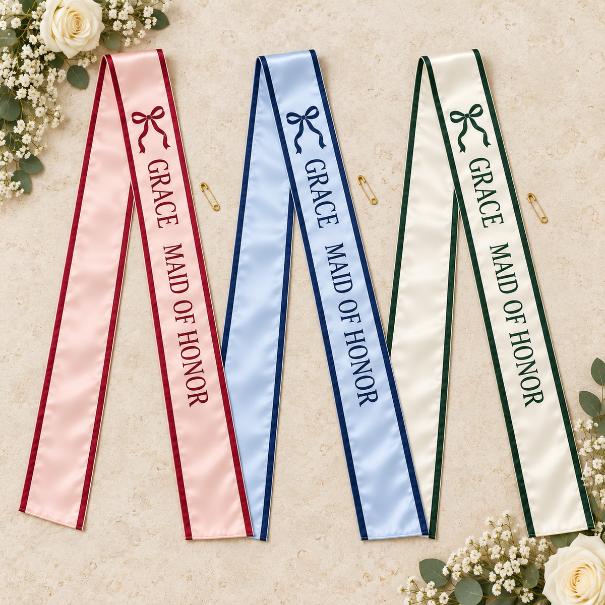 Bow Maid of Honor Satin Sash; palette options. One Day for Lifetime