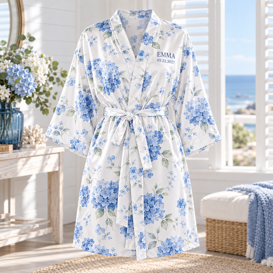 Blue Hydrangea Personalized Satin Robe; hero. One Day for Lifetime