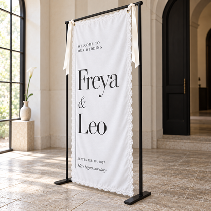Modern Margin | Personalized Lace Wedding Banner - right three quarter