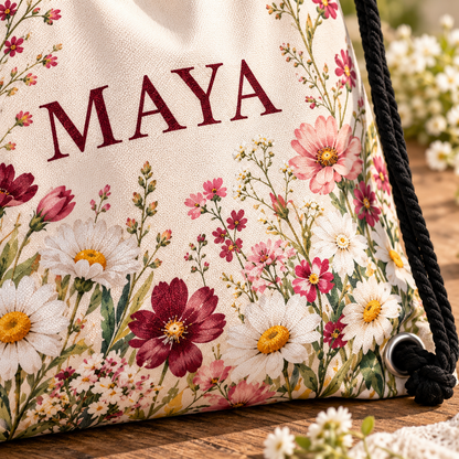 Meadow Thank You Drawstring Bag; print detail. One Day for Lifetime
