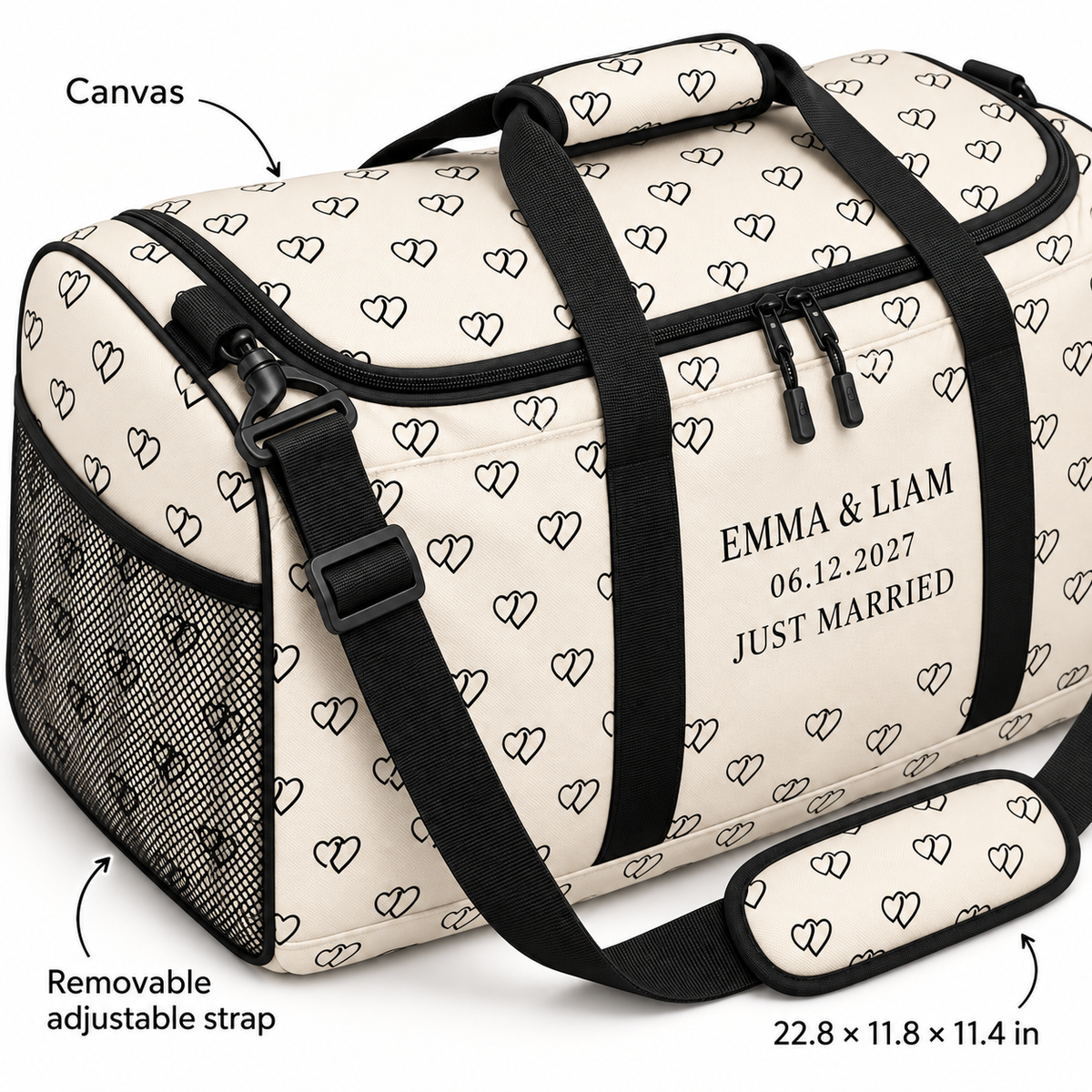 Linked Hearts personalized travel duffel bag - detail