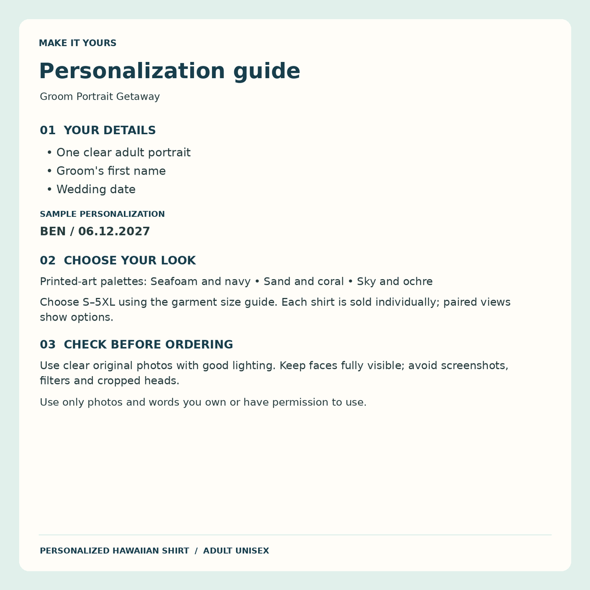 Groom Portrait Getaway Hawaiian Shirt; personalization guide. One Day for Lifetime