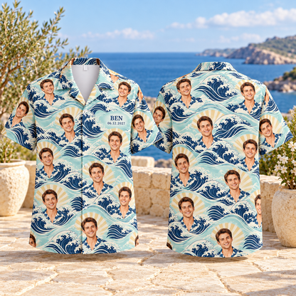 Groom Portrait Getaway Hawaiian Shirt; front back. One Day for Lifetime