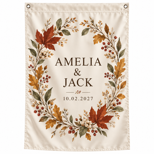 Autumn Botanical personalized wedding house flag - hero
