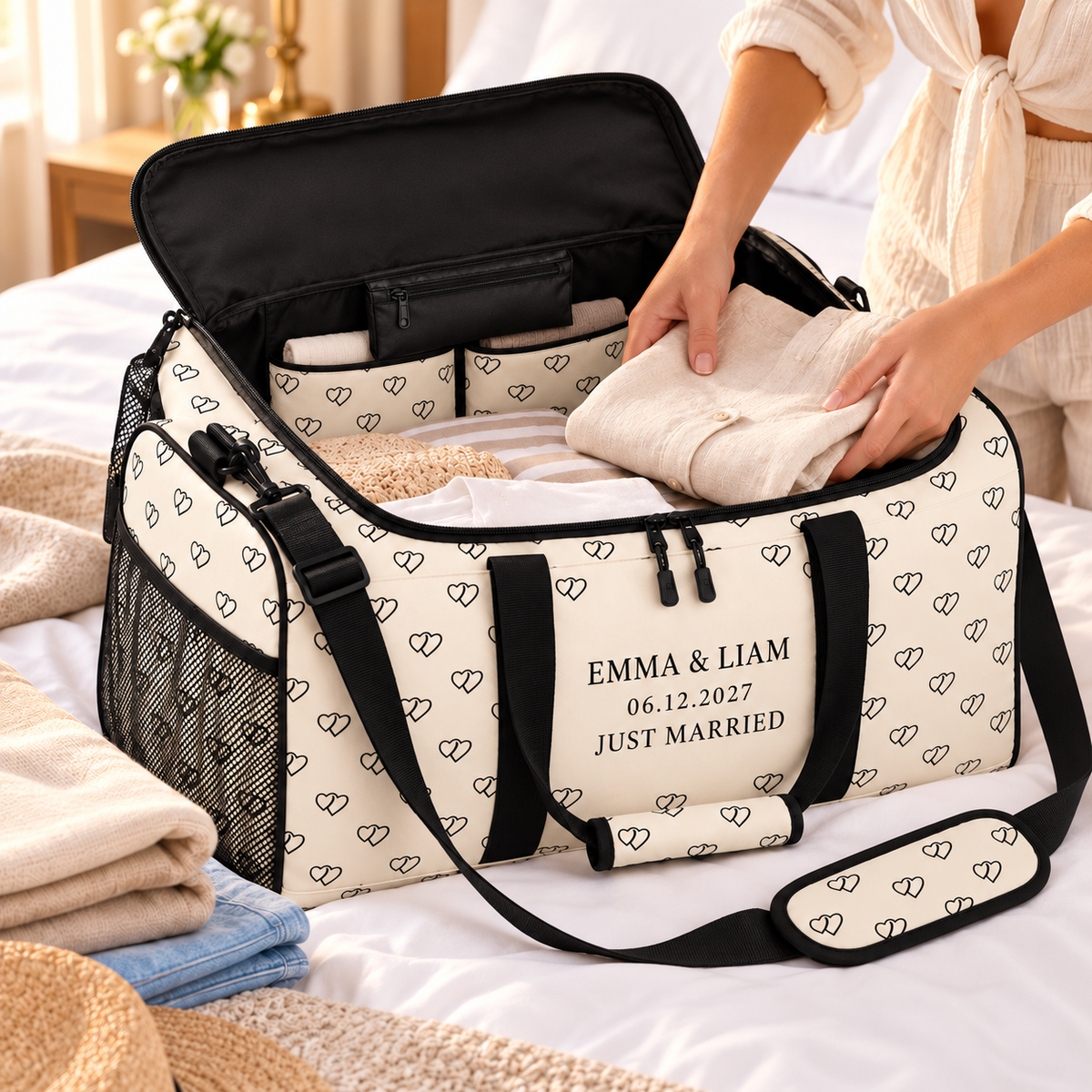 Linked Hearts personalized travel duffel bag - packing