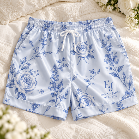Something Blue Monogram Personalized Satin Pajama Shorts; hero. One Day for Lifetime