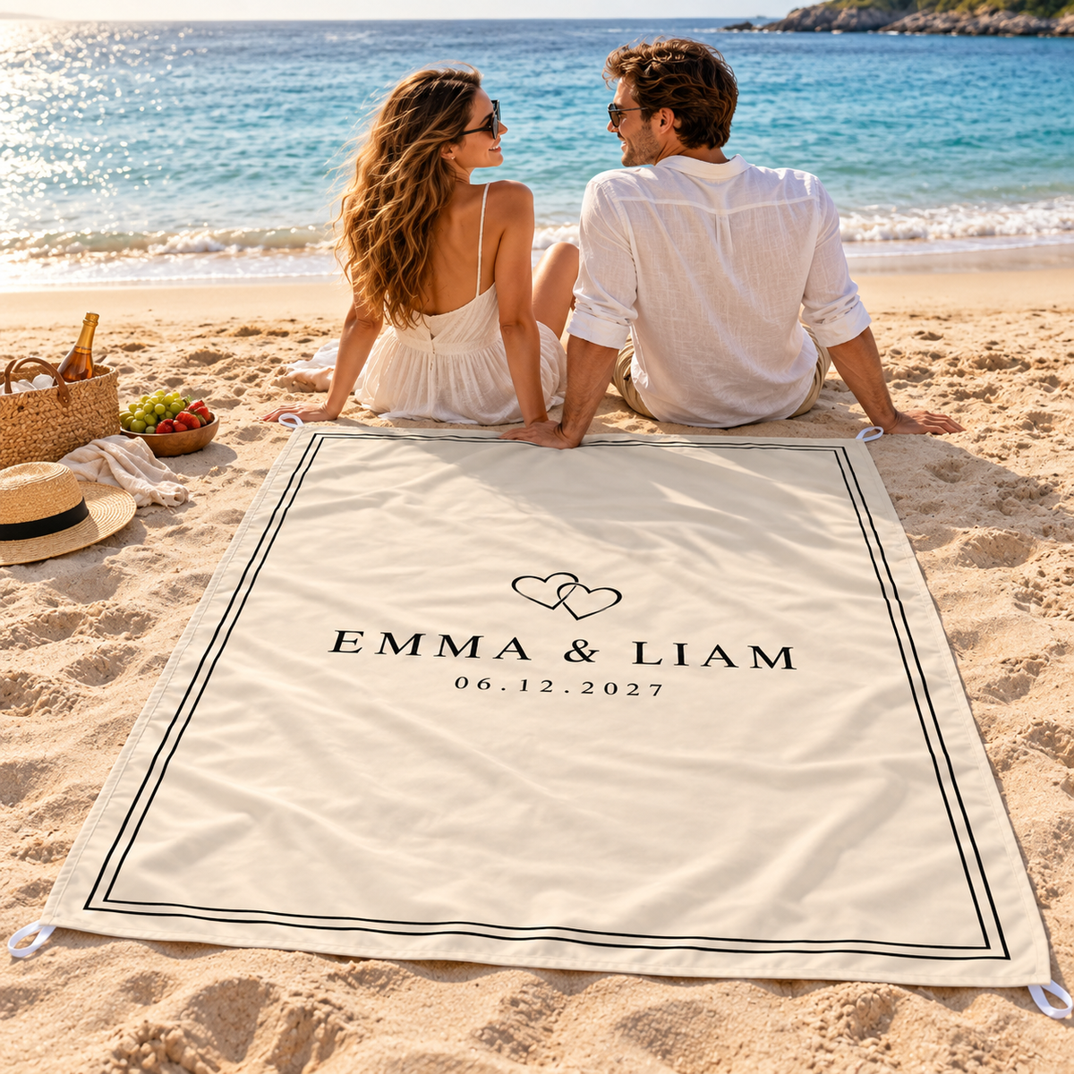 Ivory Linked Hearts personalized sand-proof beach blanket - honeymoon