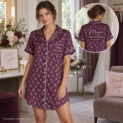 Plum Bridal Party | Personalized Satin Pajama Shirt Dress - overview