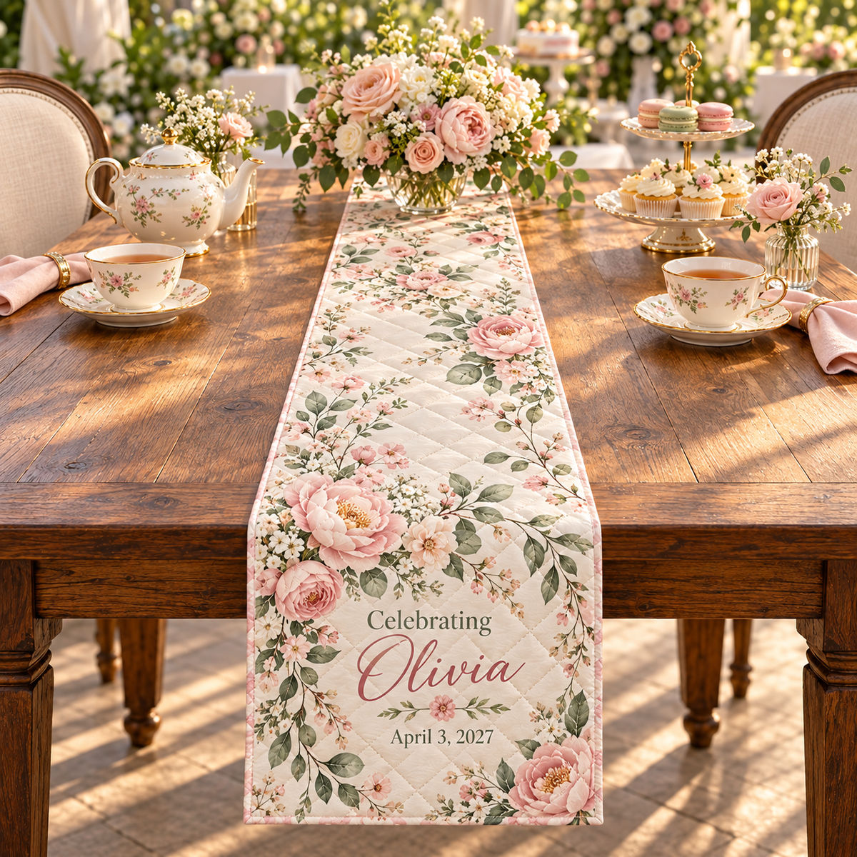 Bridal Shower Tea Quilt Table Runner; hero. One Day for Lifetime