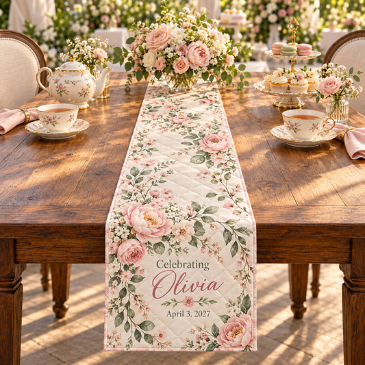 Bridal Shower Tea Quilt Table Runner; hero. One Day for Lifetime