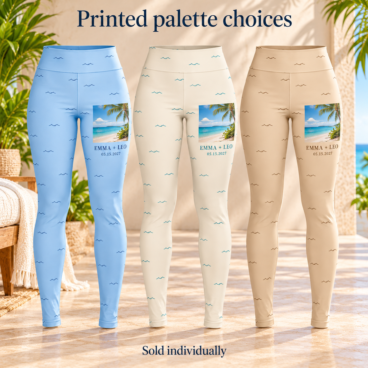 Honeymoon Postcard Personalized Leggings; artwork palettes. One Day for Lifetime