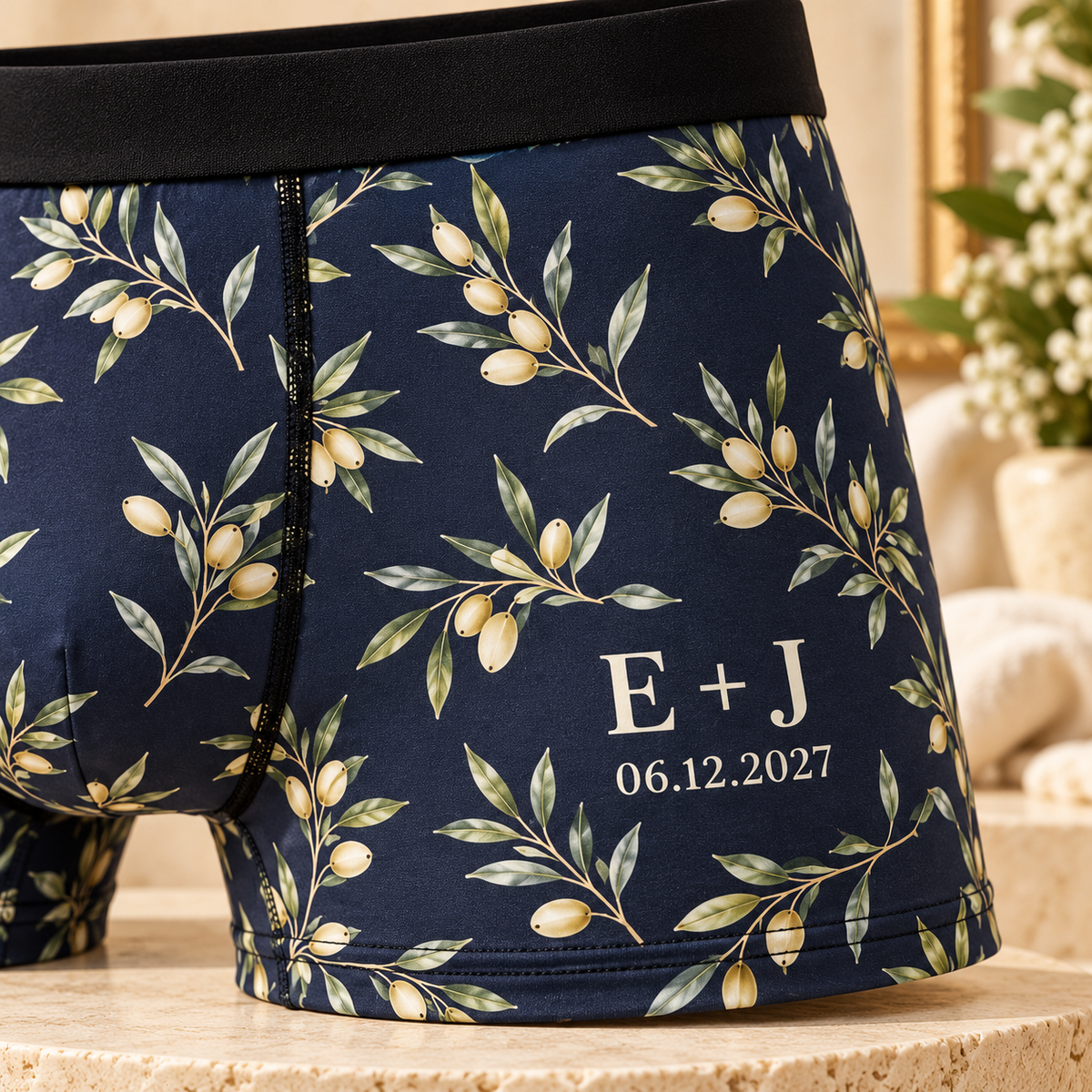 Heirloom Initials Personalized Boxer Briefs; print detail. One Day for Lifetime