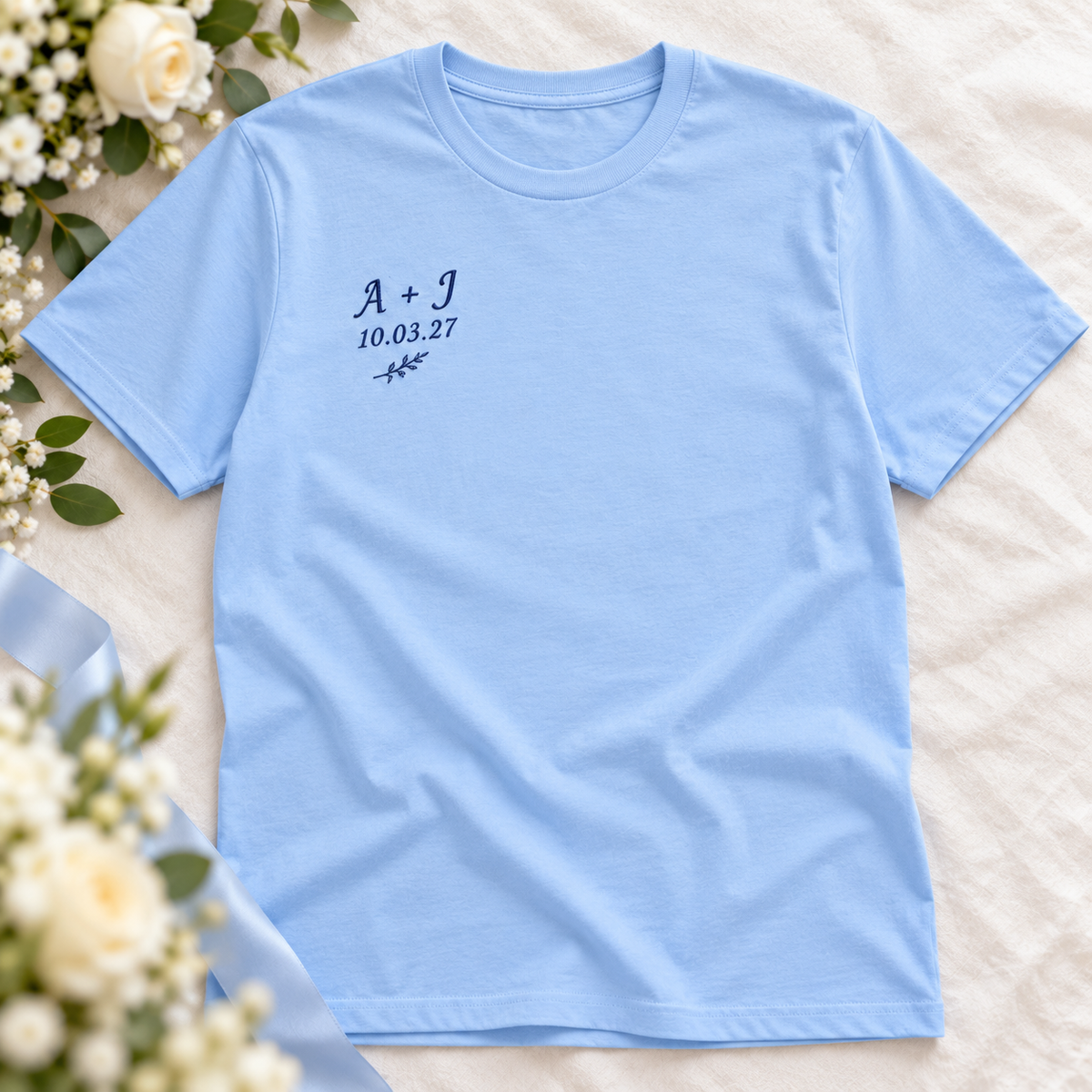 Garden Bridesmaid Initials Embroidered T-Shirt; variant custom text. One Day for Lifetime