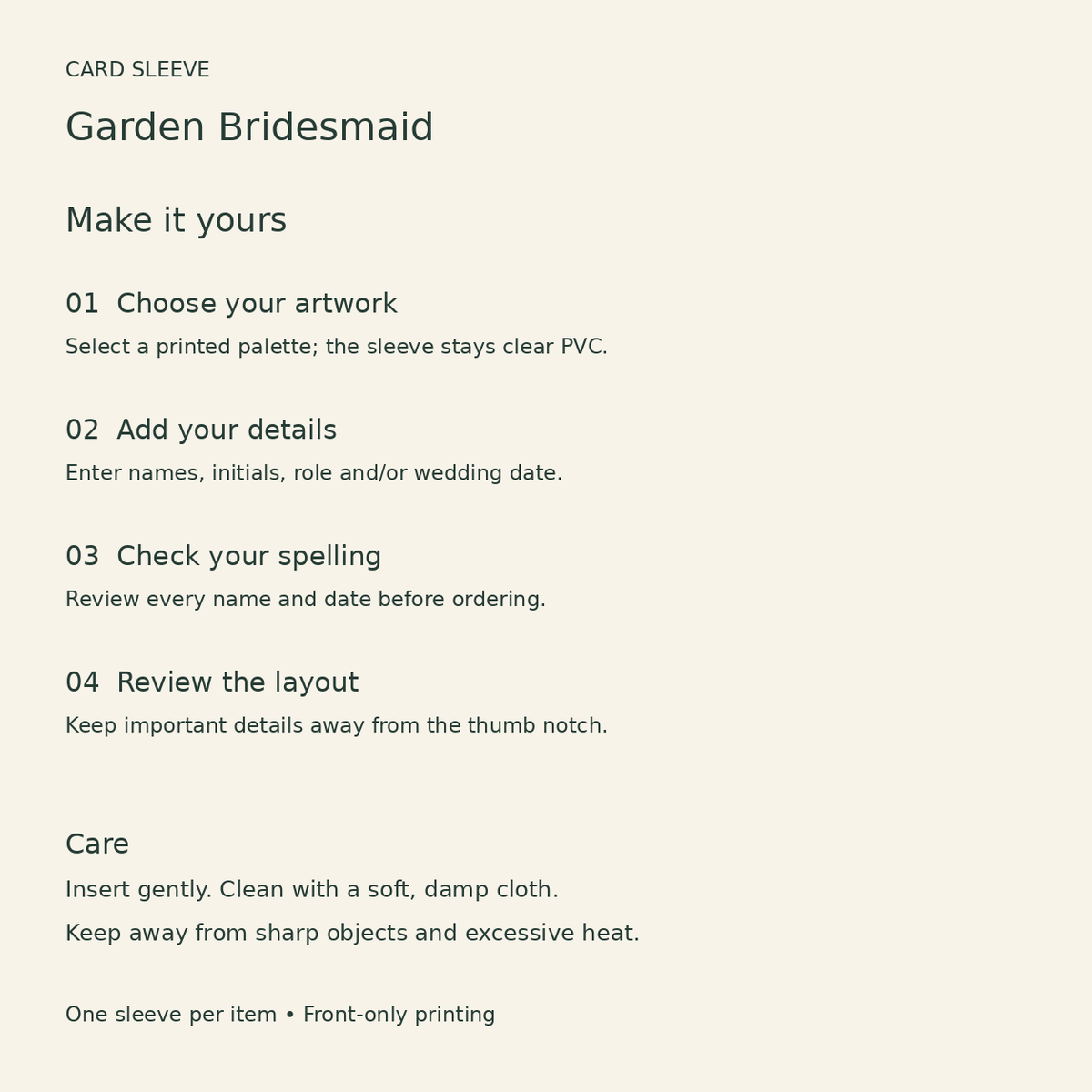 Garden Bridesmaid Card Sleeve; personalization care. One Day for Lifetime