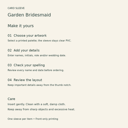 Garden Bridesmaid Card Sleeve; personalization care. One Day for Lifetime